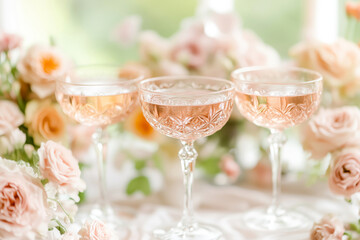 Cocktails in coupe glasses on a table decorated with roses