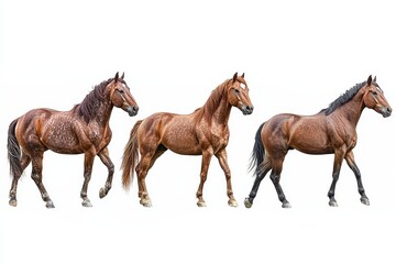 Three Brown Horses on White Background - Three beautiful brown horses, each with unique markings, stand against a bright white background. They are captured in a dynamic pose