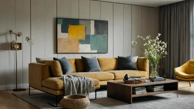Contemporary living room with modular sofa, accent chair, and art, designed for modern dwelling