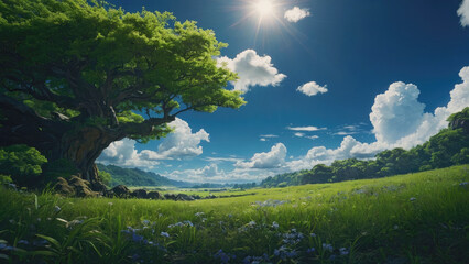 summer landscape with tree  blue sky