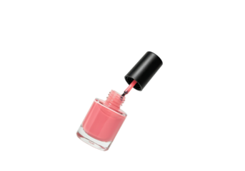 A floating nail polish bottle with the cap unscrewed, brush slightly lifted, on a solid white background