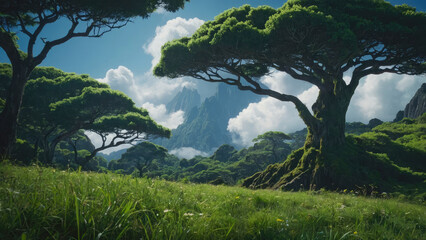 landscape with trees and mountains