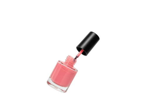 A floating nail polish bottle with the cap unscrewed, brush slightly lifted, on a solid white background