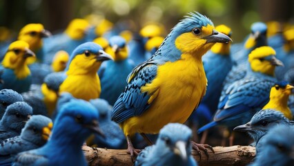 A vivid image featuring a bright yellow bird standing out among a large group of uniformly colored blue birds.
