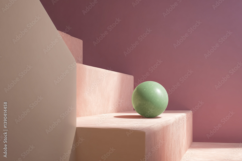 Poster pastel pink and beige textured platform with a light green sphere, showcasing a minimalist product d