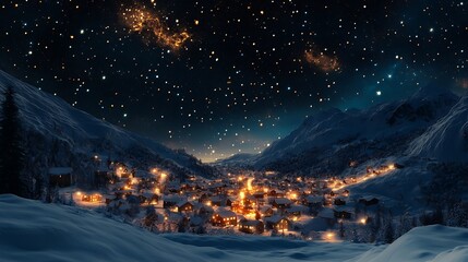 Fototapeta premium Snowy mountain village at night under starry sky.