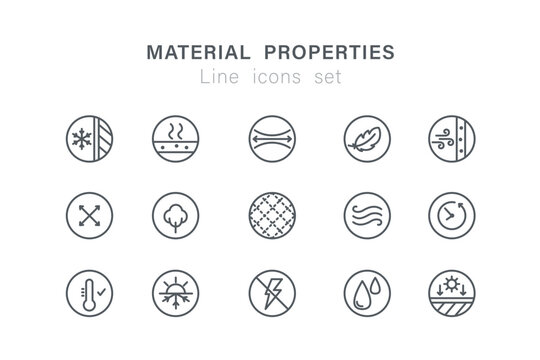 Set of various icons and pictograms on material properties theme. Fabric, textile and retail signs. Simple line icons collection. Editable Stroke