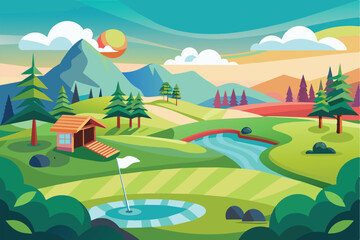 A picturesque cartoon illustration of a peaceful golf course nestled in a valley with lush green grass, rolling hills, a winding river, and a small cabin in the background.