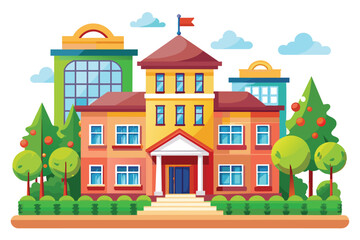 An illustration of a colorful school building with trees and other buildings in the background. The school has a red roof, yellow walls, and a large entrance.