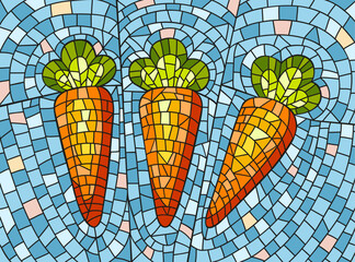 Three carrots mosaic style. Stained glass. Vector decorative image. On a black background. Hand-drawing.