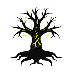 Fantasy magical tree silhouette with glowing root 
 vector style
