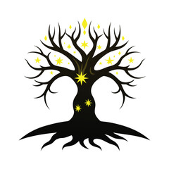 Fantasy magical tree silhouette with glowing root 
 vector style