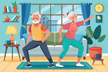 A senior couple enjoys a workout together in their living room, with a blue and green mat, a couch, a lamp, and a potted plant.