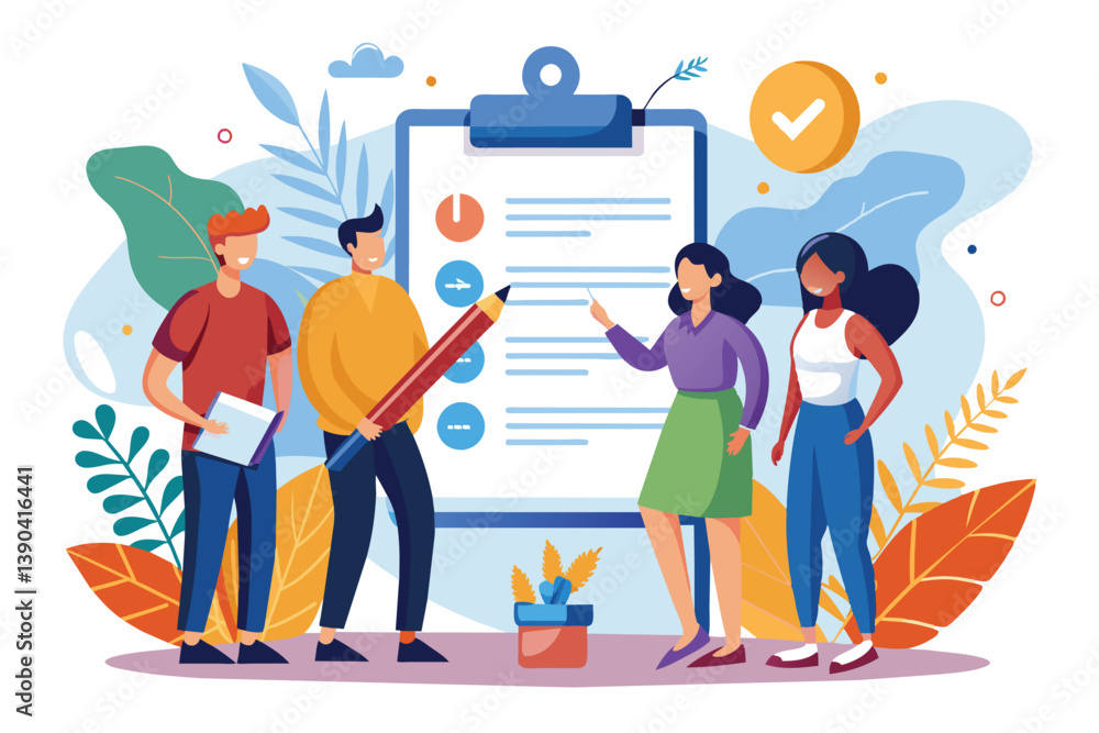 Poster a group of four diverse team members collaborate on a project checklist while using a large, red pen
