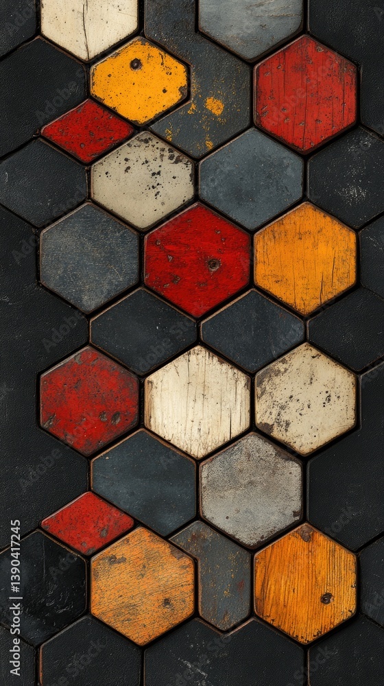Poster close-up of a textured hexagonal tile pattern showcasing vibrant colors and weathered surfaces