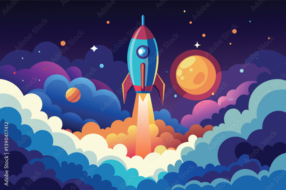 Poster an illustration of a rocket launching into outer space, surrounded by colorful clouds and a large or