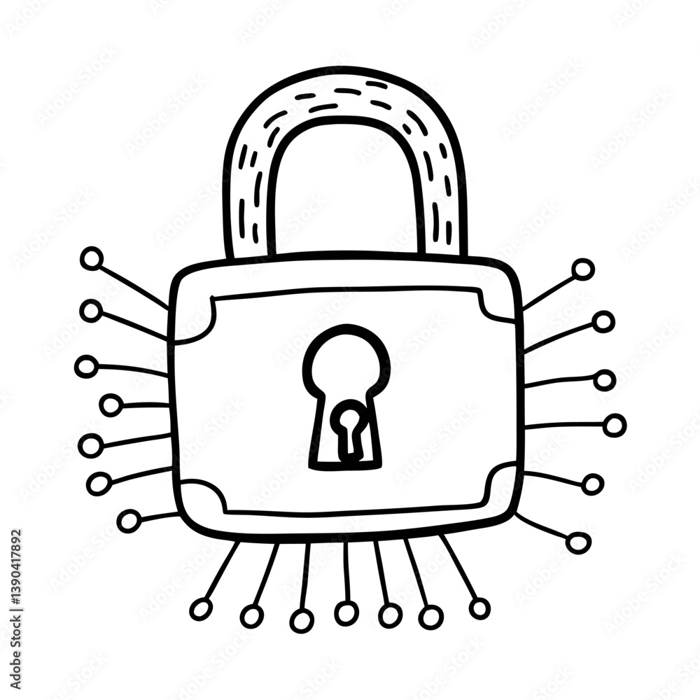 Poster cybersecurity concept with digital lock and circuit connections for secure data