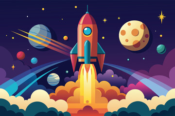 A digital illustration depicting a colorful rocket launching into space. The rocket is surrounded by planets, stars, and clouds.