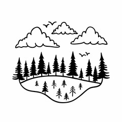 Obraz premium Minimalist Black and White Forest Landscape with Trees and Clouds