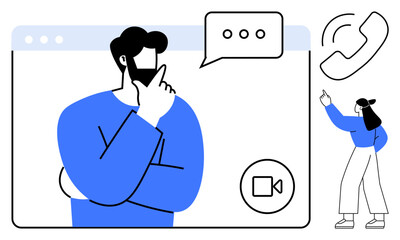 Man pondering during video call with speech bubble, video icon woman connecting via phone. Ideal for teamwork, remote work, brainstorming, technology, collaboration, communication, social