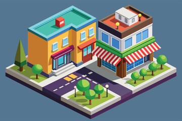 A digital illustration depicting an isometric view of a city block featuring two shops, one with a red awning and another with a red and green striped awning, surrounded by street trees.