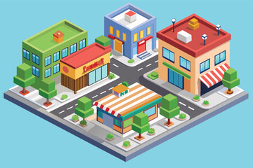 This isometric illustration depicts a city block with four buildings and a variety of trees. The buildings have a variety of architectural styles and are decorated with bright colors.
