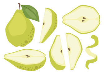 Vector isolated set of pears, whole, half and slices
