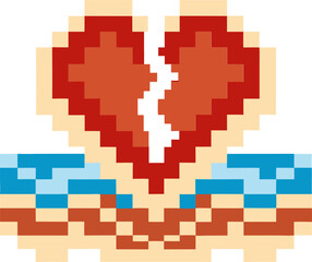Obraz premium Pixel art broken heart on sand with blue water, digital retro beach theme
