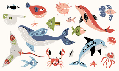Folk hygge ocean clip arts, hand drawn vector set in Scandinavian Nordic style, isolated on white. Collection of classic ethnic elements. The scandi folk motifs - fishes, flowers, and sea animals