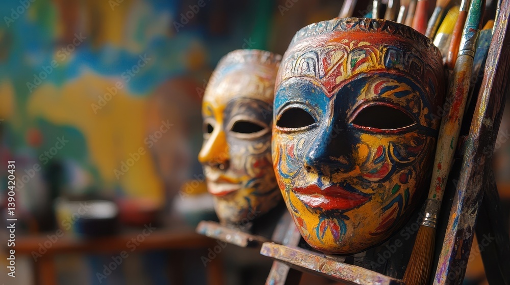 Poster two colorful masks are on display next to some brushes