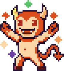 Fototapeta premium Pixel art evil character with horns and tail, celebrating with colorful sparkles around