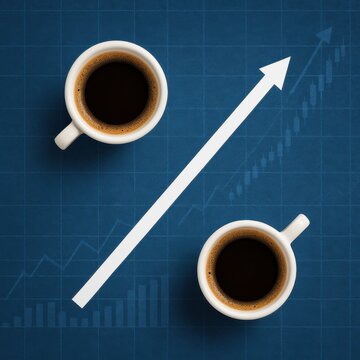 Idea conceptual de porcentaje con tazas de caf&eacute; y una flecha blanca, s&iacute;mbolo %, porcentual, estad&iacute;sticas, partidos, probabilidades, an&aacute;lisis t&eacute;cnico financiero, fondo azul