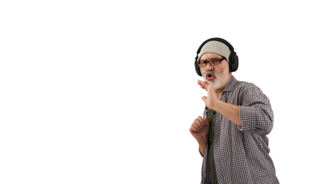 An adult gray-haired and gray-bearded man listening to music on headphones.  Png. - Powered by Adobe