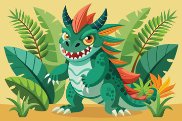 Naklejka premium A green dragon with orange horns and a red crest stands in a jungle with large green leaves. The dragon has a friendly expression and is smiling with its teeth showing.