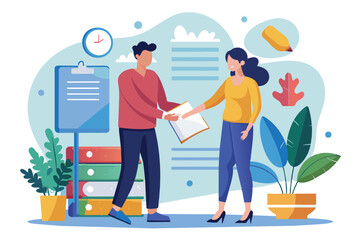 Fototapeta premium A man and woman are standing in an office setting, exchanging documents. They are both smiling, and the woman is holding the document in her right hand.