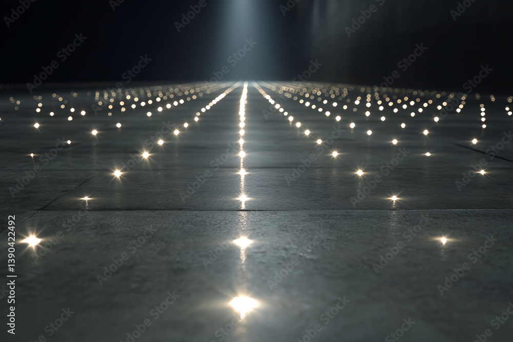 Poster Dark gray tiled floor with glowing lights forming lines converging at a vanishing point, creating a perspective effect, showcasing elegance and modern design, ideal for a luxury or technology concept