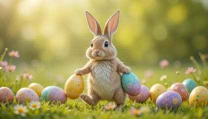Easter happy bunny walking with color eggs