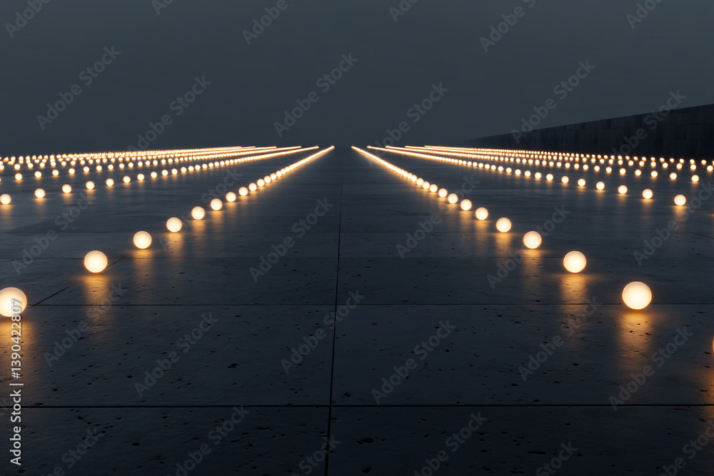 Aufkleber dark floor with rows of illuminated spheres creating a pathway, suggesting a journey or future conce