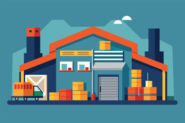 Obraz premium An image of a big warehouse with boxes, a truck, an orange roof, garage door, windows, and stacks of boxes inside and outside.