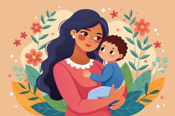 A cartoon illustration of a mother holding her baby boy, surrounded by a floral design on a light peach background.