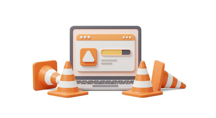 Website under construction: A playful laptop surrounded by cheerful orange traffic cones signifies temporary website maintenance, showcasing a bright and friendly approach to downtime.