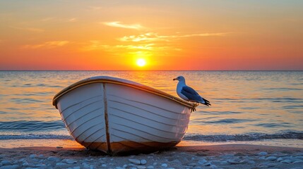 A seagull sitting on a boat at sunset. Calm evening on the beach, summer, sunset over the sea, lonely bird, small boat on the sand, tranquility, silence, nature, coast, dusk, rest.