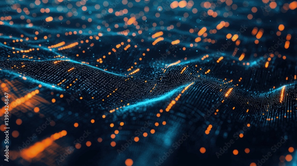 Poster abstract digital wave with glowing blue and orange data points, ideal for illustrating big data, ana