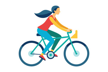 Obraz premium A woman with long black hair rides a teal bicycle with yellow accents. She is wearing a red shirt and blue pants. The sun is shining and the sky is blue.