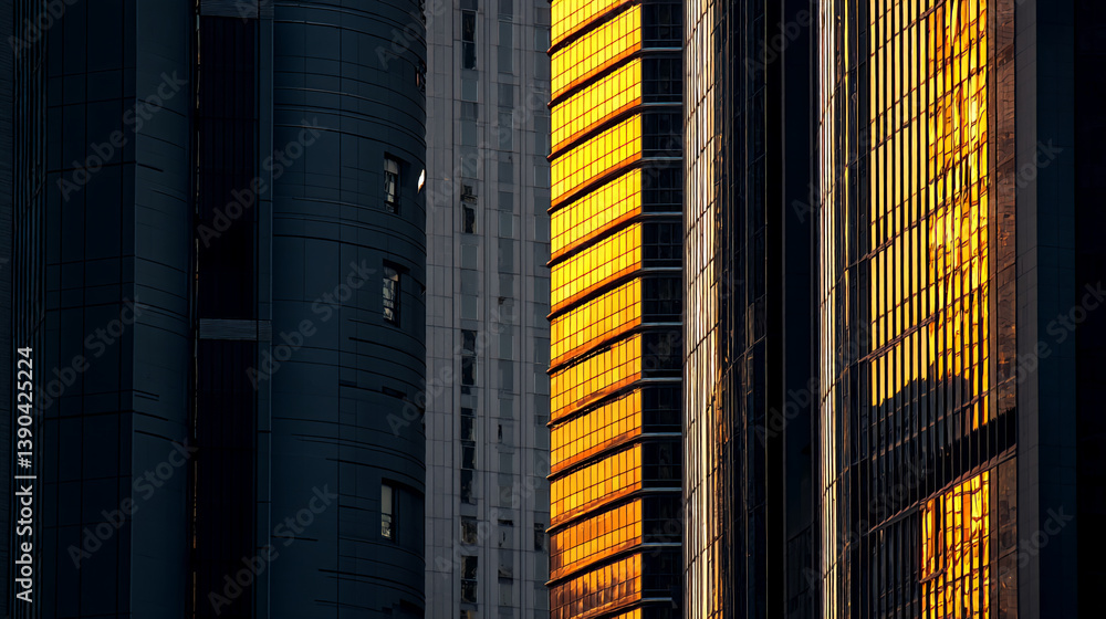 Poster close-up of modern building facades at sunset, showcasing contrasting textures and colors: dark gray