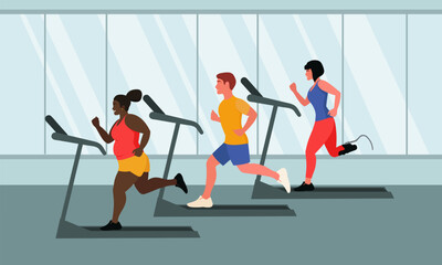 Gym. Different people run on treadmills. Flat style.