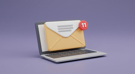 A cheerful laptop displaying eleven new messages, a notification of exciting opportunities and communication, rendered in a clean, simple 3D style.