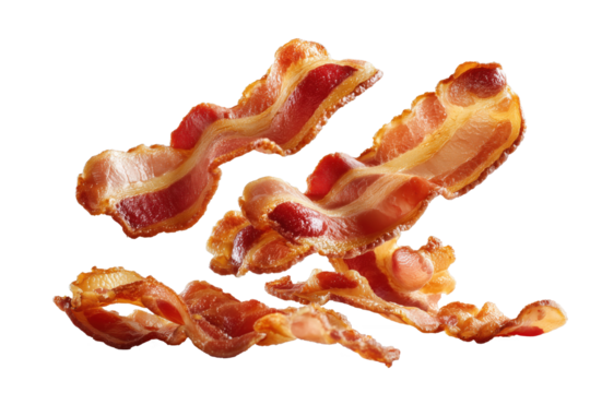 isolated cut out crispy bacon strips falling on transparent background