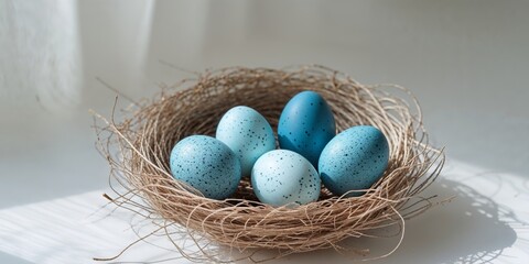 Obraz premium Five speckled blue eggs resting in a woven nest gracefully.