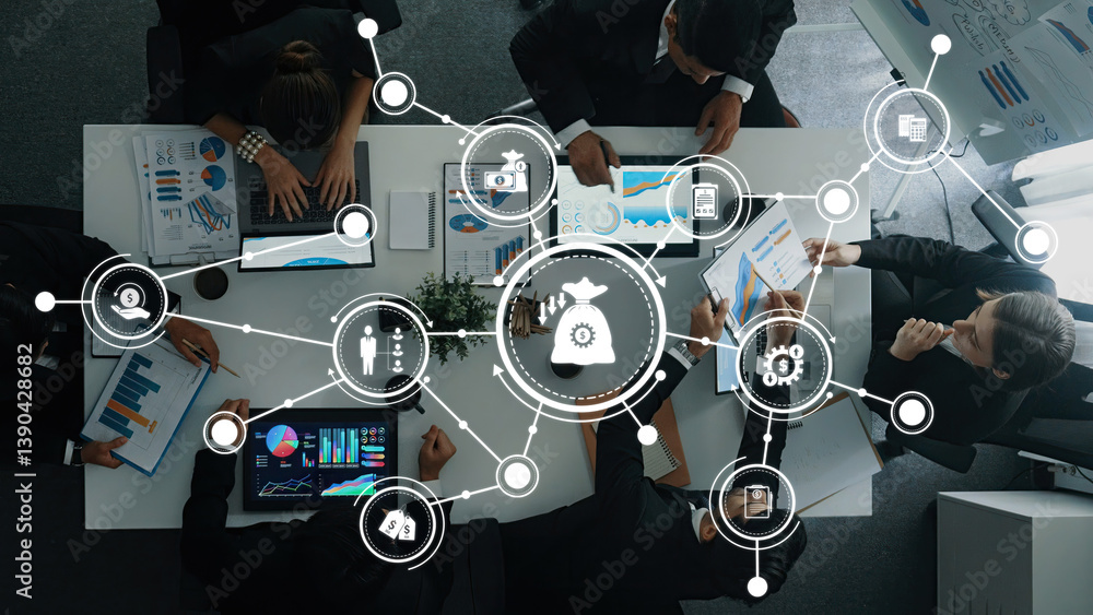Poster business meeting with data analysis and technology integration for project reduction and performance